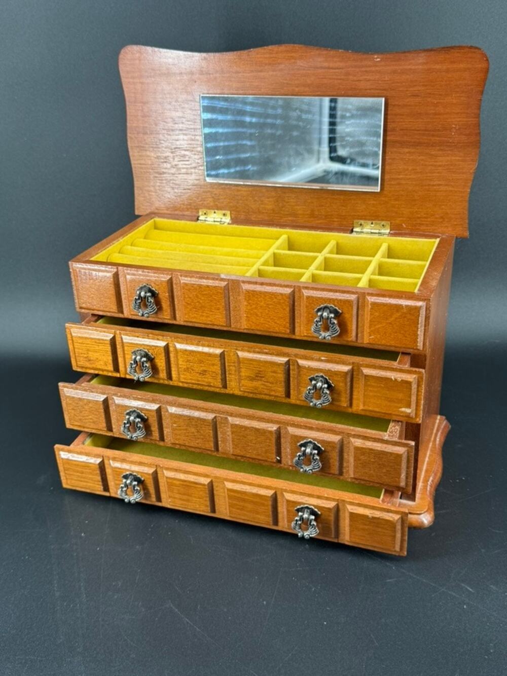 Vintage 1970s Centurion Wooden Musical Jewelry Box 3 Drawer Mirror Organizer